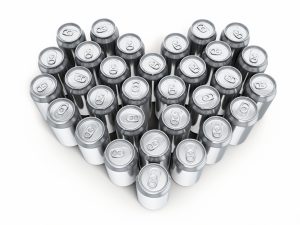 3d render Heart Shape Drink Cans stacking perspective view (isolated on white and clipping path)